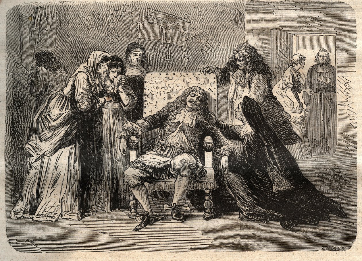 Molieres død - Jean Baptistes (Jean-Baptiste) Poquelins død, dit Moliere (1622-1673), 17. februar af Unknown artist