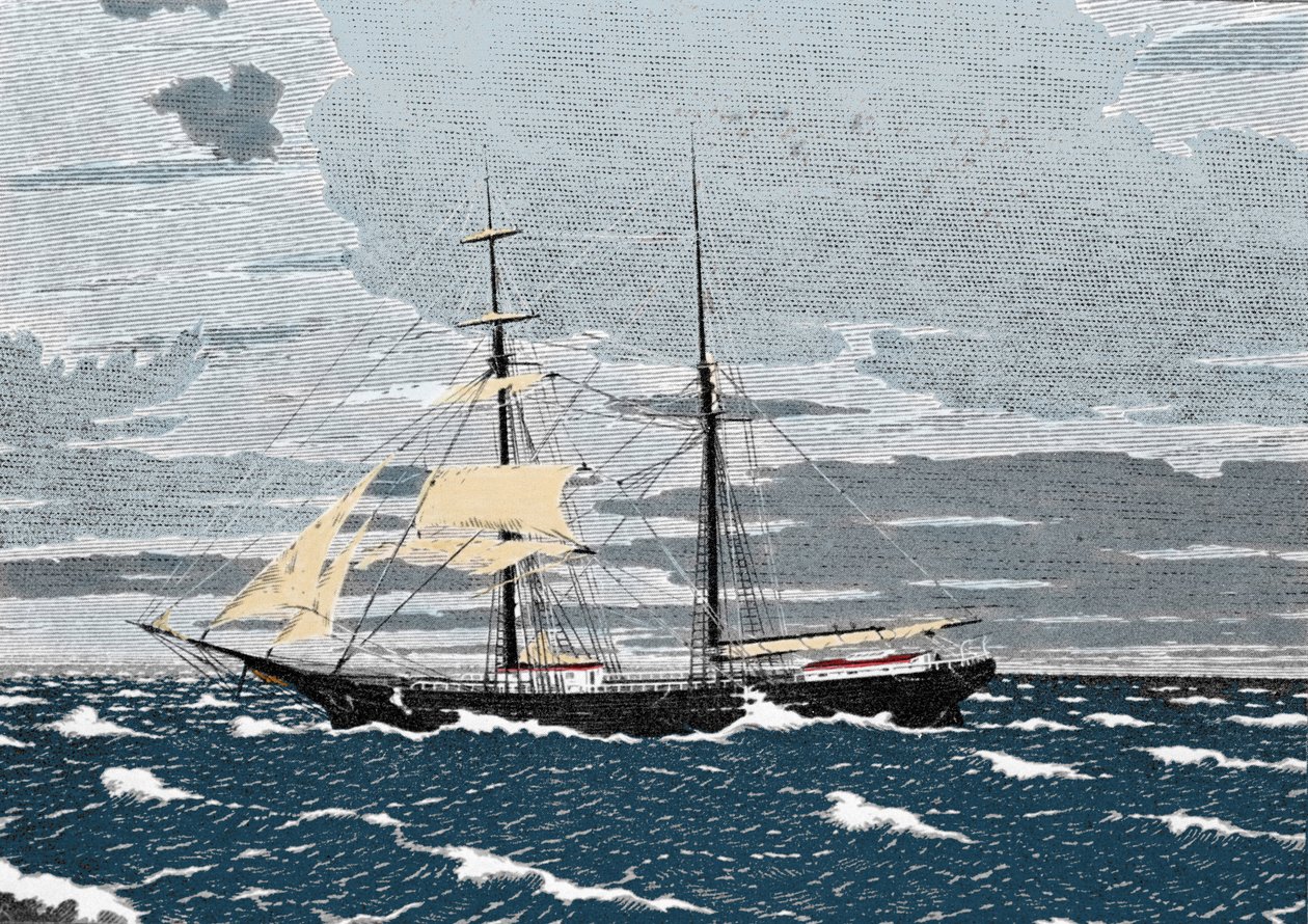 December 1872 bliver Mary Celeste fundet forladt midt i Atlanterhavet ud for Acores-øerne. Kaptajnen, hans kone og deres to-årige datter samt de otte besætningsmedlemmer forsvandt. Gravering 1800-tallet. af Unknown artist