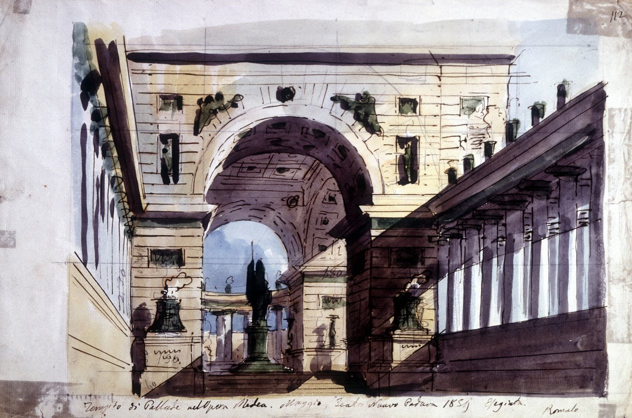 Dekoration til operaen "" Medea" af Luigi Cherubini (1760-1842), italiensk komponist, repræsenterende Palladetemplet af Unknown artist