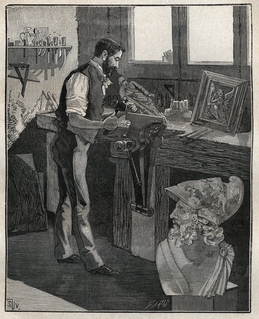 Dekoration af sølvtøj: bronzemejsel. Indgravering fra 1885 i "" Les arts et metiers illustres"" af Adolphe BITARD. af Unknown artist