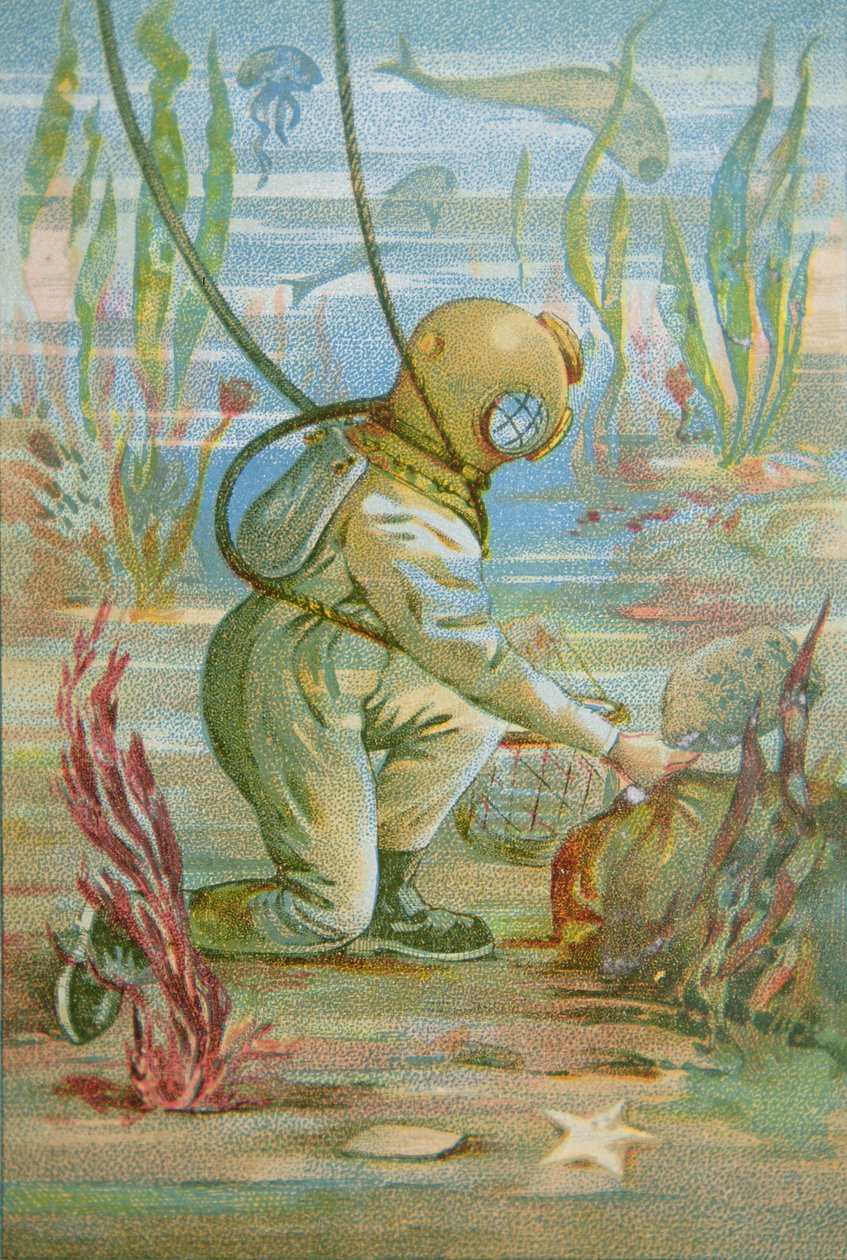 Deep Sea Diver, ca. 1890 (farve litho) af Unknown artist