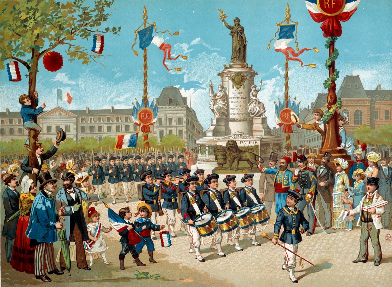 Besmitte børnene fra skolebataljonerne på Place de la Republique den 14/07/1883 i Paris. Litografi af det 19. århundredes Paris, Musee Carnavalet af Unknown artist