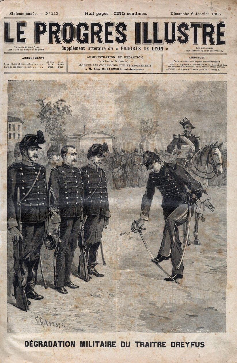 Nedbrydning af Alfred Dreyfus - Dreyfus-sag: Fornedrelsen af Alfred Dreyfus i Militærskolens gårdhave, Paris, 5. januar 1895 - Indgravering i "The illustrious progress" fra 1895 - af Unknown artist