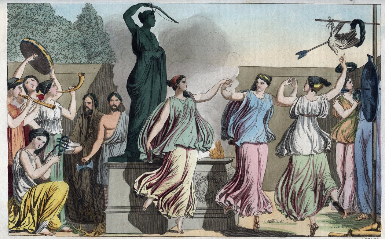 Delian Dans i festen for Diana eller Artemis (jagtens gudinde) - gravering fra "" Skikke og traditioner for alle folk i universet. Det er historien om regeringen, lovene, militsen, om religionen i alle nationer fra de fjerneste tider op til af Unknown artist