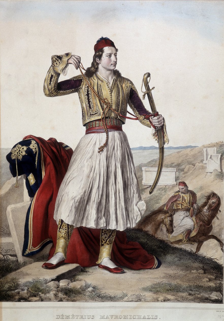 Demetrius Mavromichalis i traditionelt rytterkostume - litografi af Unknown artist