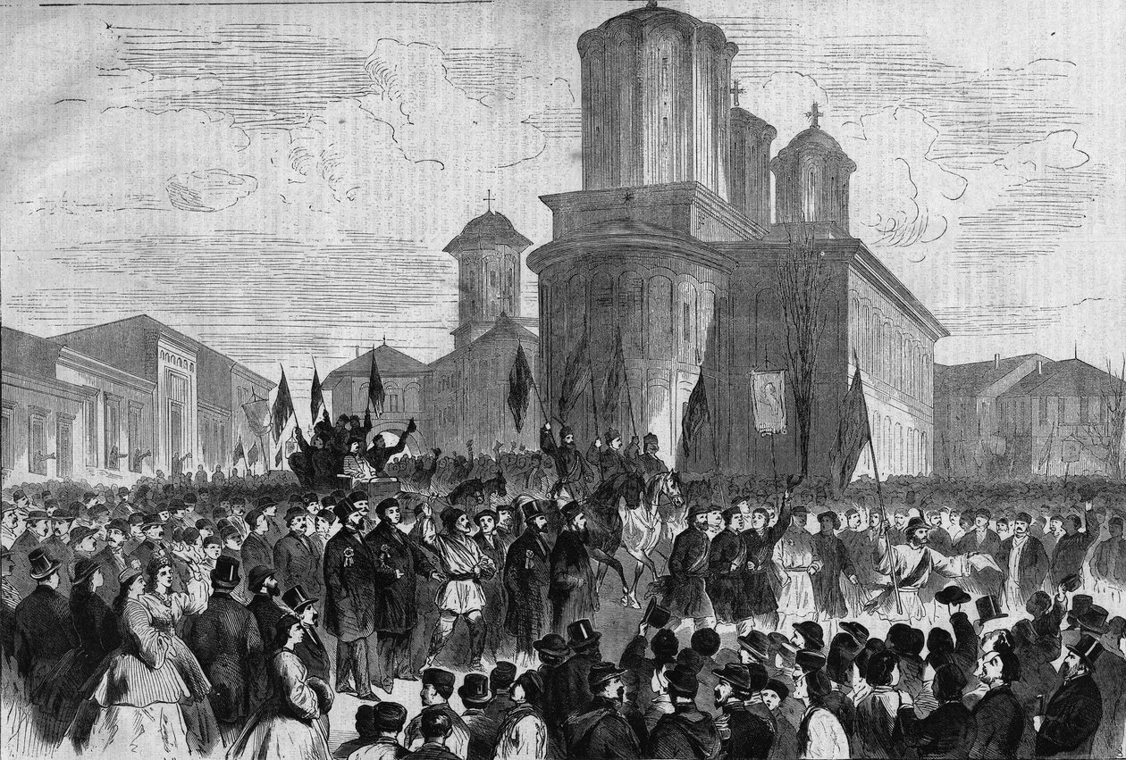 Demonstration i Bukarest for prins Charles af Hohenzollern-Sigmar, ny konge af Rumænien af Unknown artist