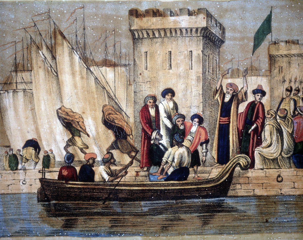Afgang fra maurerne i Algier, efter koloniseringen af franskmændene, en alder eller syg mand bliver læsset på en båd. 19. århundrede af Unknown artist