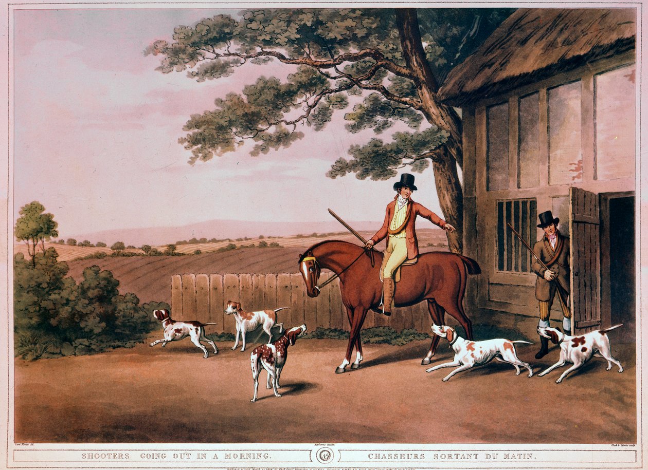 Rejste til jagt tidligt om morgenen af en jæger og hans hunde i England. Indgravering af det 19. århundrede. Gien, jagtmuseum af Unknown artist