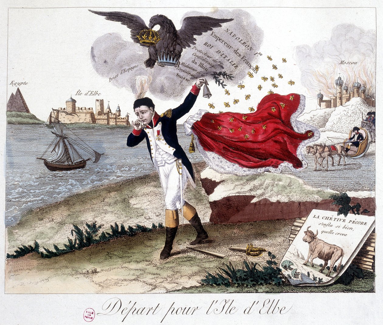Afgang til øen Elba: Napoleon holder en klokke, en kejserlig ørn ovenover minder ham om hans titler, Moskva i flammer i baggrunden og i forgrunden: Fable de Lafontaine: "" frøen, der ville være større end oksen ””” (chétivet s af Unknown artist