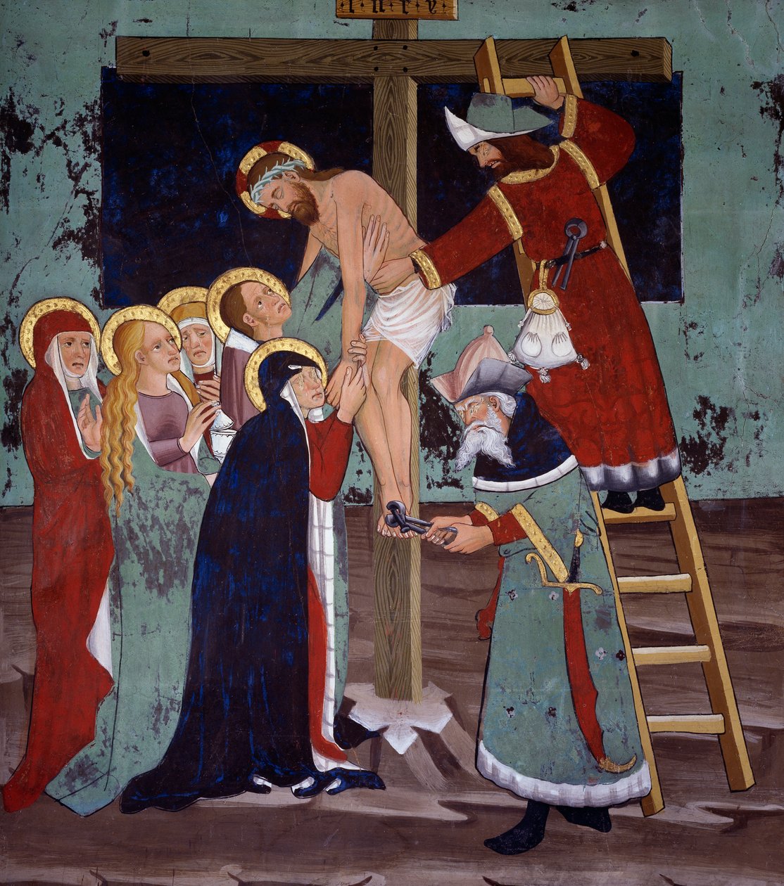 Aflejring, Kristi liv (1400-tallet), kalkmalerier, St. Sebastians kapel, Villard-de-Lans, Rhone-Alpes, Frankrig. af Unknown artist