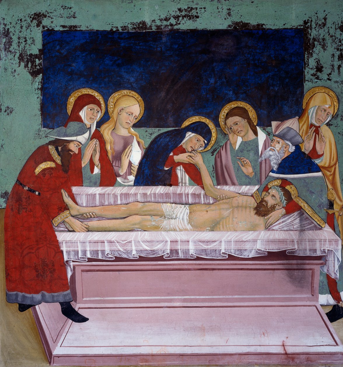 Aflejring i graven, Kristi liv (1400-tallet), kalkmalerier, St. Sebastians kapel, Villard-de-Lans, Rhone-Alpes, Frankrig. af Unknown artist