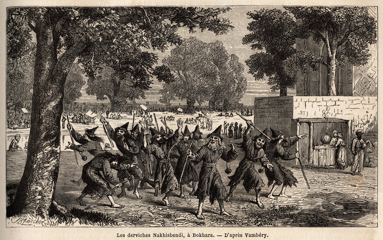 Dervisher Nakhisbendi, en persisk Bokhara, Iran). Tegning af Emile Bayard (1837-1891), for at illustrere rejsen til Centralasien, i 1863, af Arminius Vambery (ungarsk videnskabsmand forklædt i dervish). Indgravering i "" Le tour du monde"", redigeret af Ed af Unknown artist