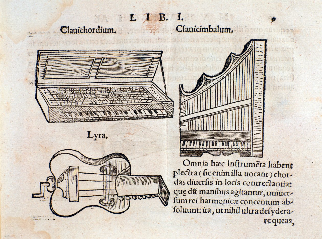Beskrivelse af cembalo og lyre (?) Side fra Musurgia eller udøvelse af musik af Unknown artist