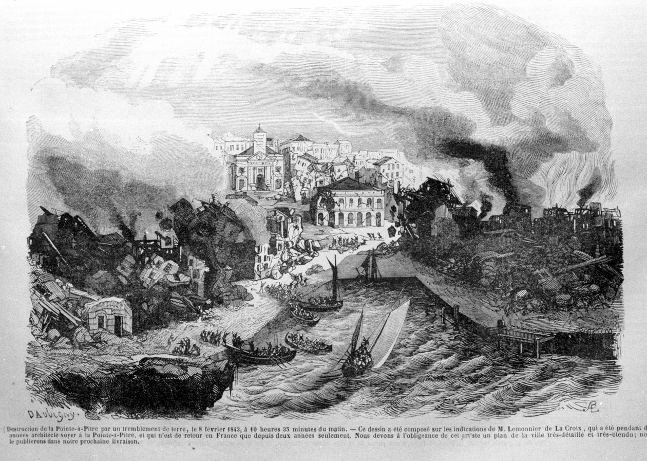 Ødelæggelse af Pointe à Pitre (Guadeloupe) ved et jordskælv den 08/02/1843. Stik 1843. af Unknown artist