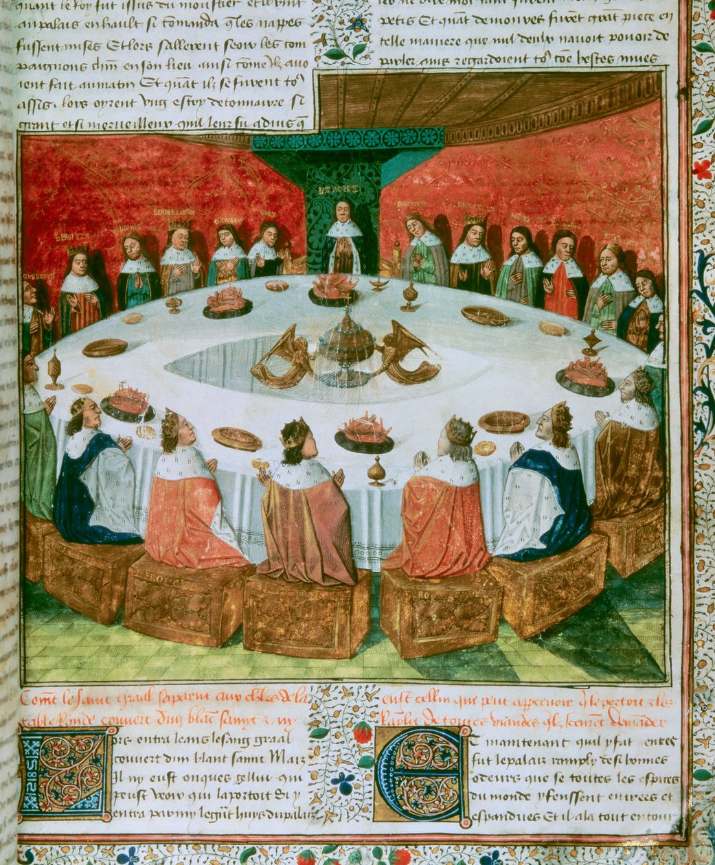 Detalje af: Kong Arthur og ridderne af det runde bord, der deltager i den hellige grals tilsynekomst. (Kongen Arthur og Ridderne af det runde bord). Belysning, der illustrerer et manuskript af "Quete of the Holy Grail", ca. 1470. Folio 5 af Fre af Unknown artist