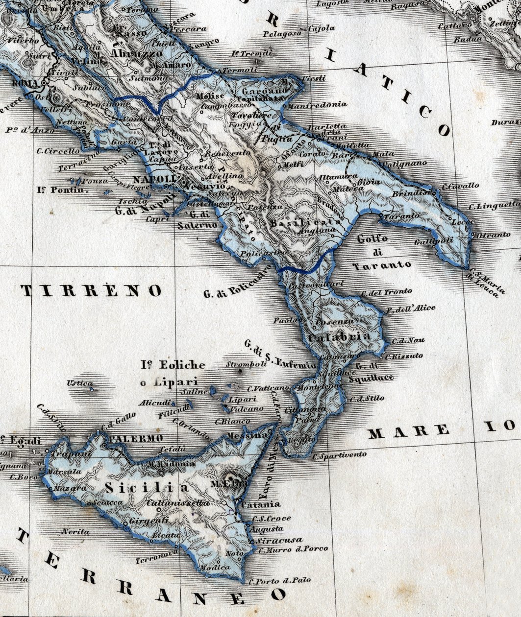Detalje af et geografikort, der repræsenterer det sydlige Italien (Campania, Calabrien, Sicilien, Puglia, Molise Abruzzo-regionerne). 19. århundrede af Unknown artist