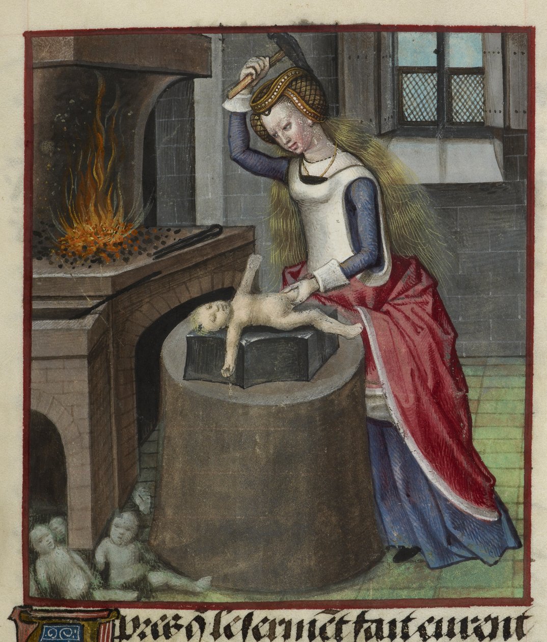 Yksityiskohta pienoismallista, joka kuvaa luontoa takomassa vauvaa, Le Roman de la Rosesta af Unknown artist