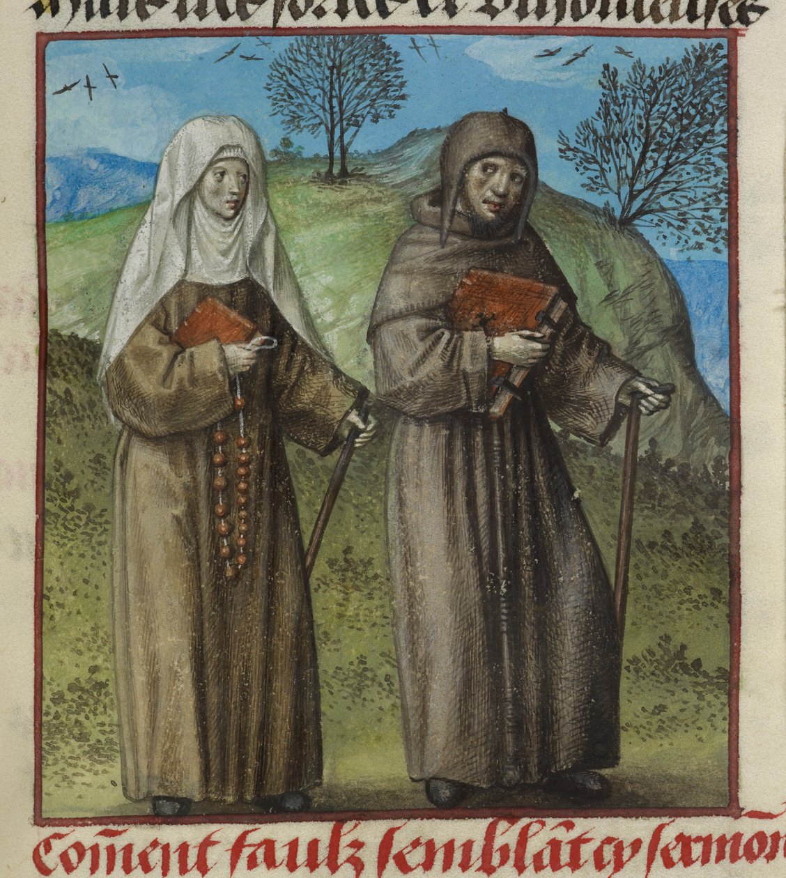 Detalje af en miniature af Abstinence Contrainte (Forced Abstinence) og Faux Semblant (False Seeming) på vej for at se Malebouche (Evil Tongue) fra 