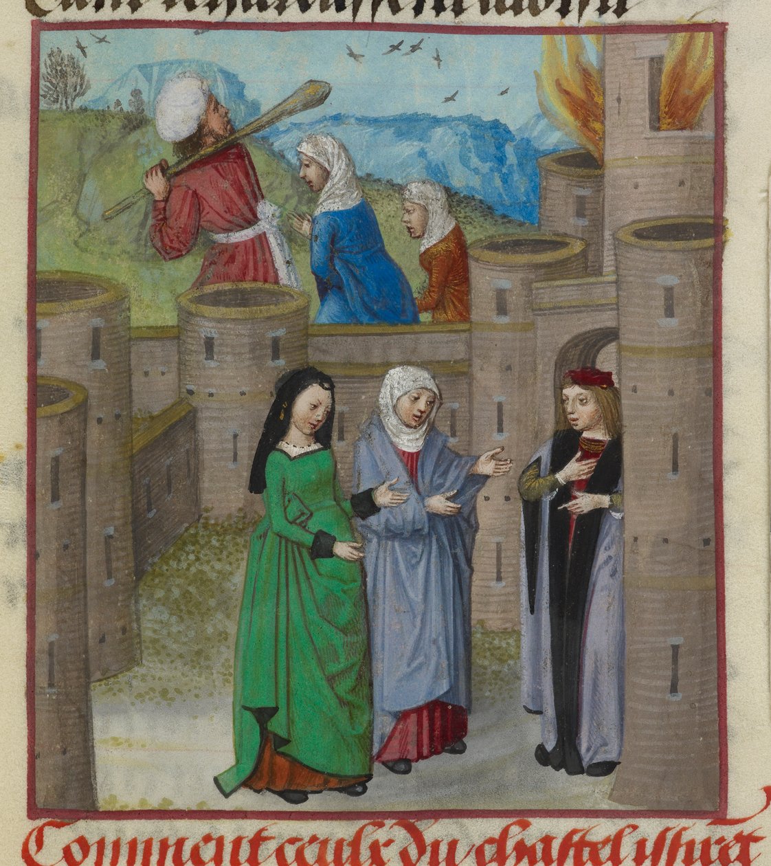 Detalje af en miniature af Fare og andre allegoriske figurer, der flygter fra slottet i flammer, fra 