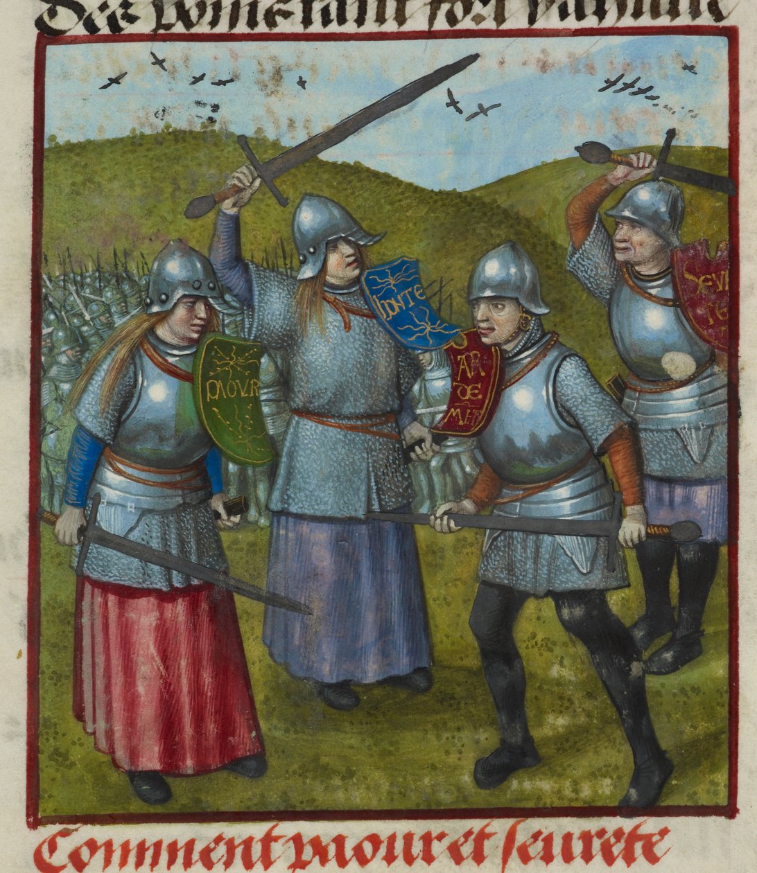 Detalje af en miniature af Peur, Honte og andre kampe allegorier. Mænd og kvinder i rustning, kæmpende, fra 