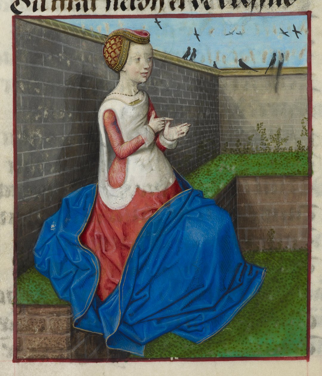 Yksityiskohta istuvasta naisesta aidatussa puutarhassa, joka laskee sormillaan, Le Roman de la Rosesta af Unknown artist