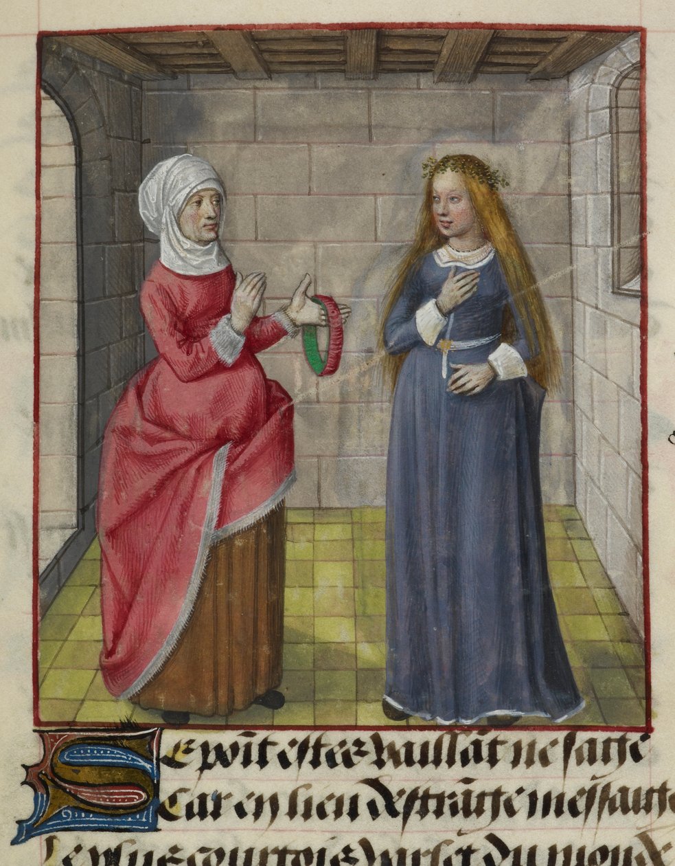 Detalje af en miniature af la Vieille (Duenna) og Bel Accueil (Fair Welcome), fra 