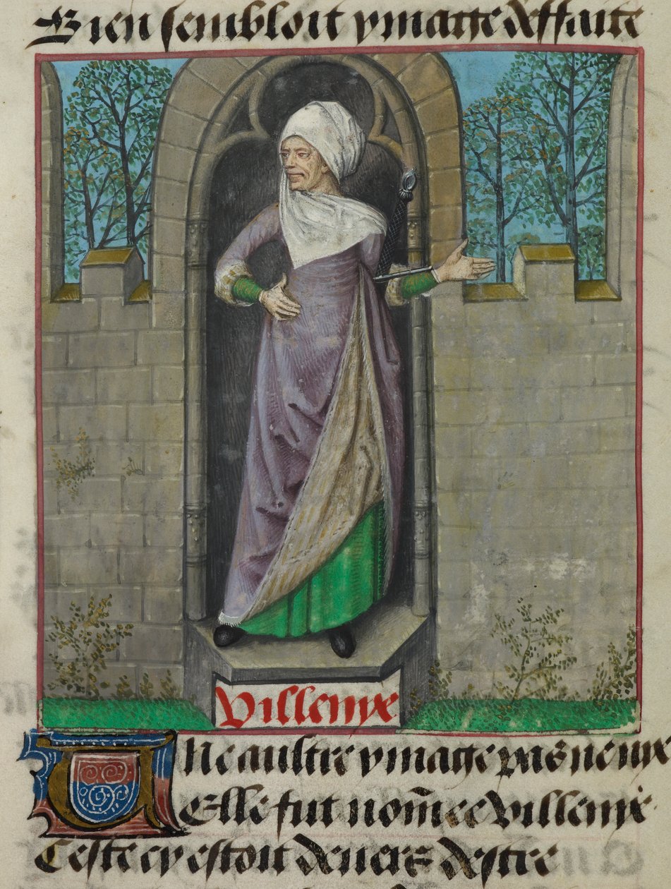 Detalje af en miniature af den allegoriske figur af Vilenie (Villainy), i den anden kolonne af folioen, fra 