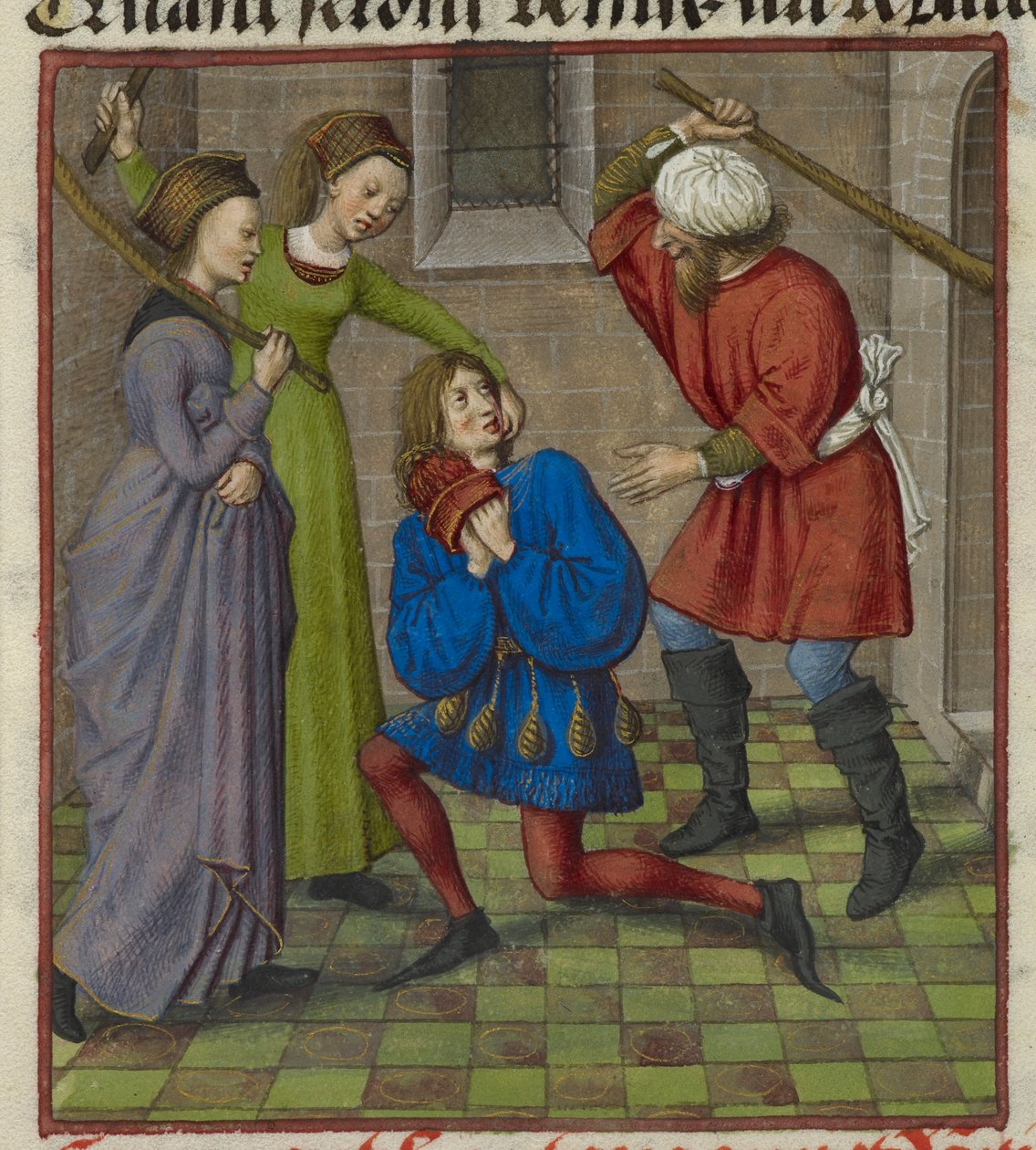 Yksityiskohta pienoiskoosta, jossa Honte, Peur ja Danger hyökkäävät rakastajaan, elokuvasta "Le Roman de la Rose" af Unknown artist