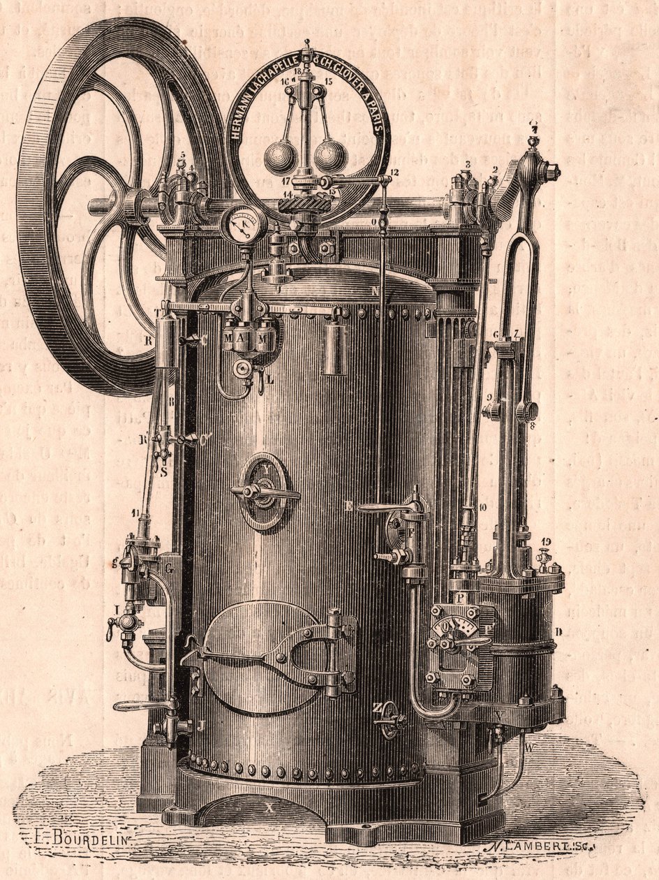 Detaljeret teknisk billede af en lille dampmaskine produceret i Paris i 1866: kedel, cylinder, stempel, plejlstang og svinghjul af Unknown