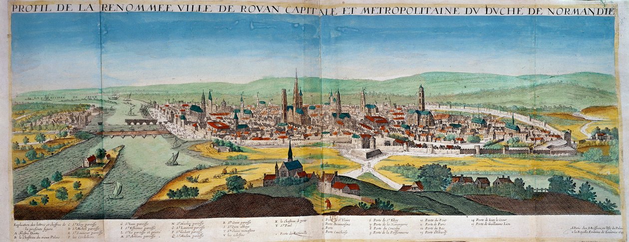 Detaljeret udsigt over byen Rouen i Normandiet. Stik fra 1600-tallet. Paris B.N. af Unknown artist