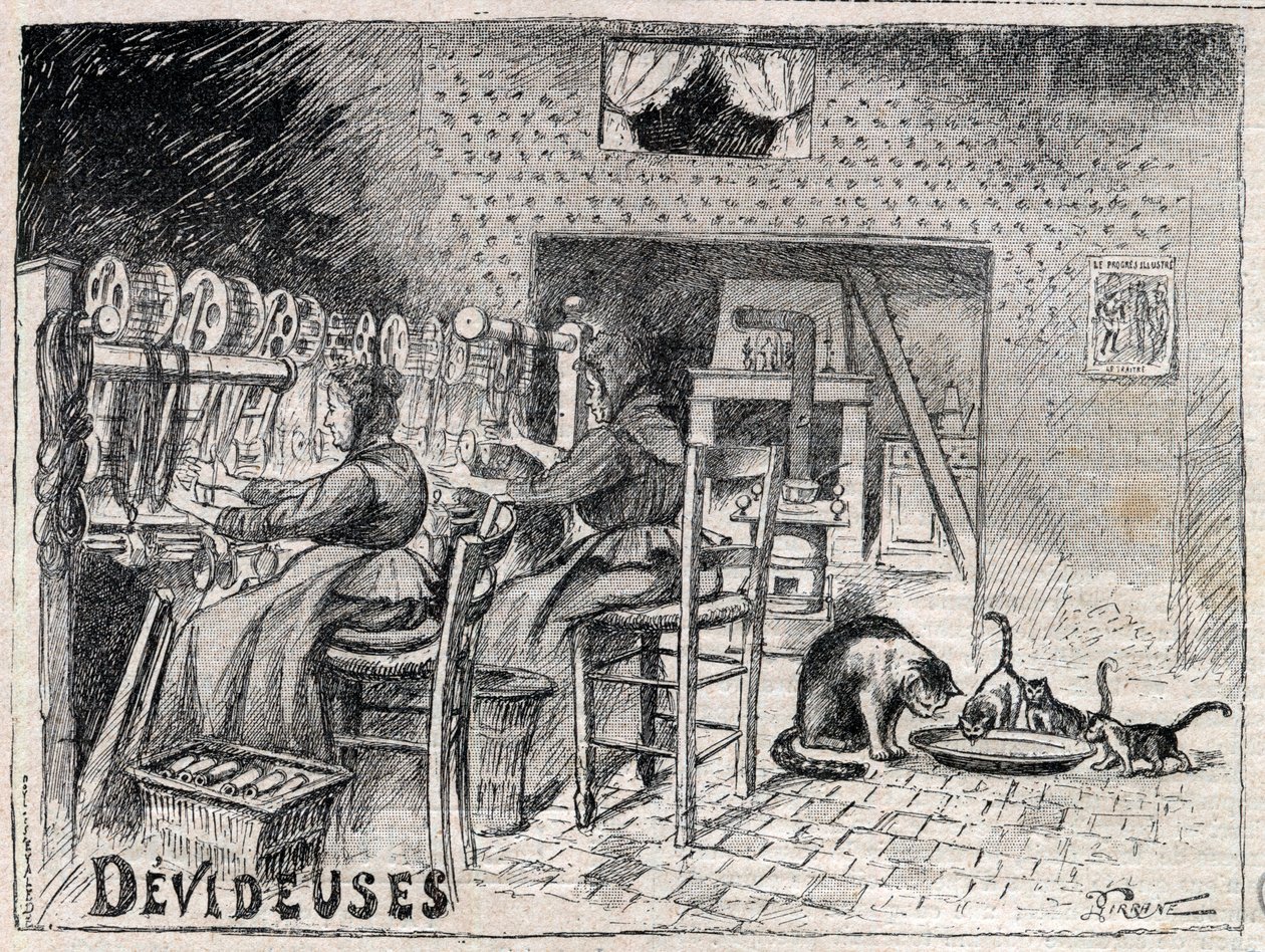 Devideuses - Atelier de Canut - interiør af et silkevæverværksted i Lyon, gravering i "Le Progres illustrious"" fra 1895 af Unknown artist
