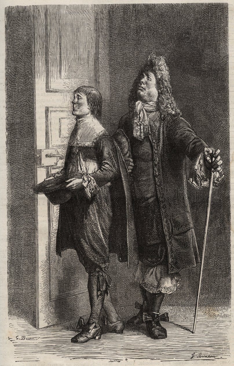 Diafoirus pere et fils - indgravering til "" Den imaginære malad"" af Jean Baptiste Poquelin dit Moliere (1622-1673) (The Imaginary Invalid) af Unknown artist