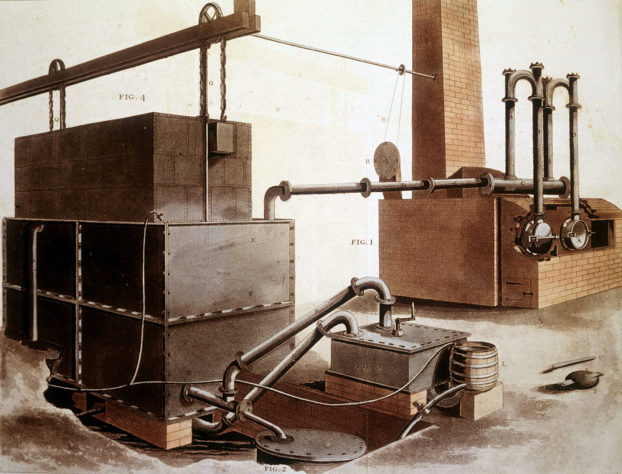 Diagram, der forklarer produktionen af kulgas, London 1815. af Unknown artist