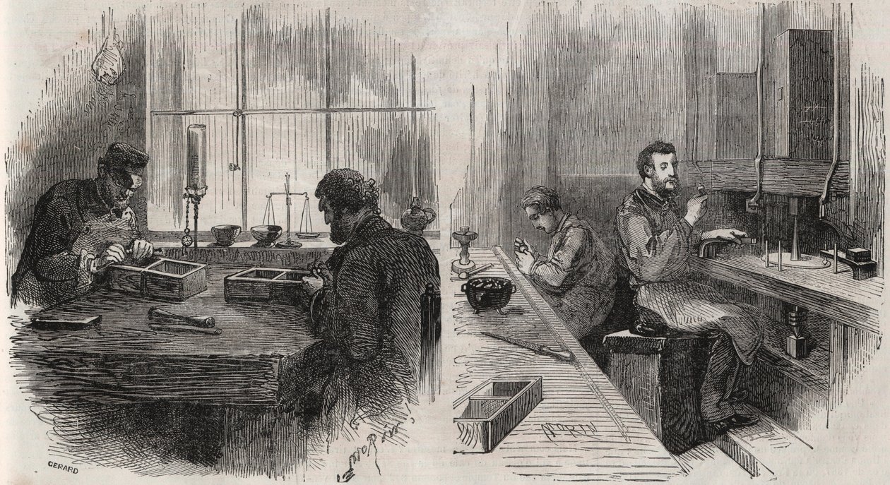 Diamantskæring på et værksted i Holland: kløvere og polere - gravering i "" Le Monde Illustré"" af Unknown artist