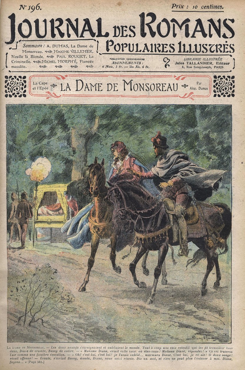 Diane ringede af sin mand, mens hun kørte på hesteryg med sin elsker Bussy. Illustration af romanen "" La Dame de Monsoreau" af Alexandre Dumas. I "" Journal of Illustrated Popular Novels ". af Unknown artist