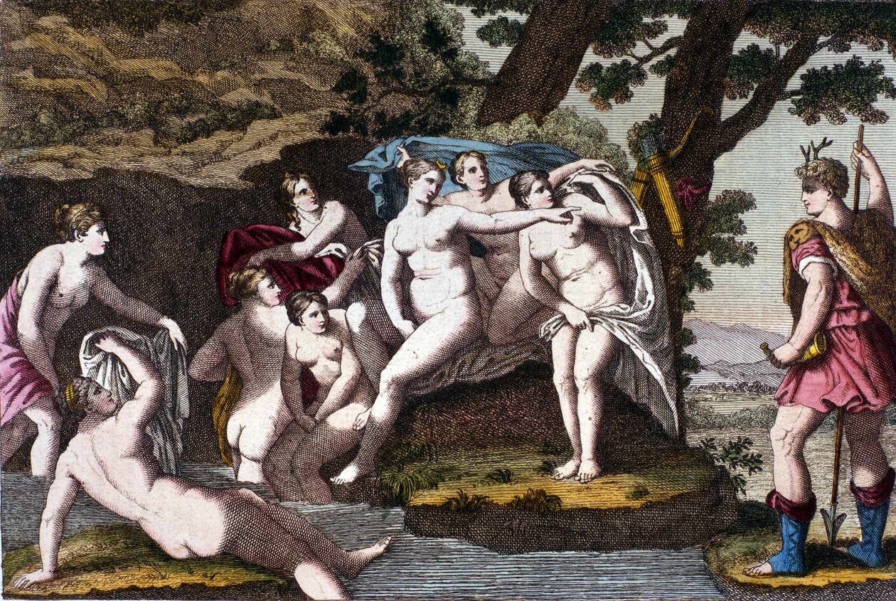 Diane fanget i badet af jægeren Acteon. Gravering fra "" Dizionario mitologico""" 1800-tallet af Unknown artist