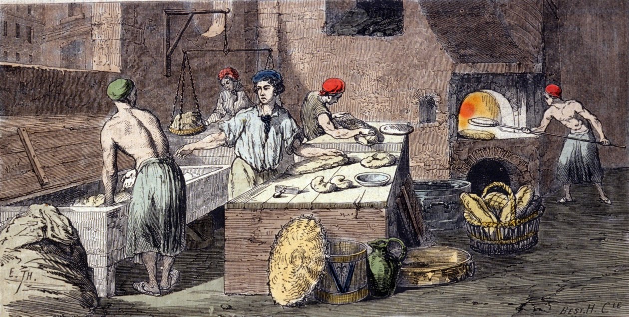 Bagernes forskellige aktiviteter: peting af brøddej, tilberedning af brød, bagning. Indgravering af det 19. århundrede af Unknown artist