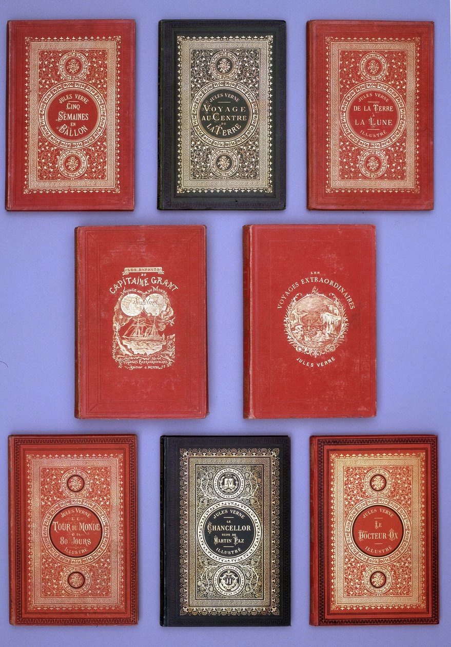Forskellige forsider af Jules Vernes bøger udgivet i Hetzel-udgaver. Verne biblioteks samling. Paris. af Unknown artist