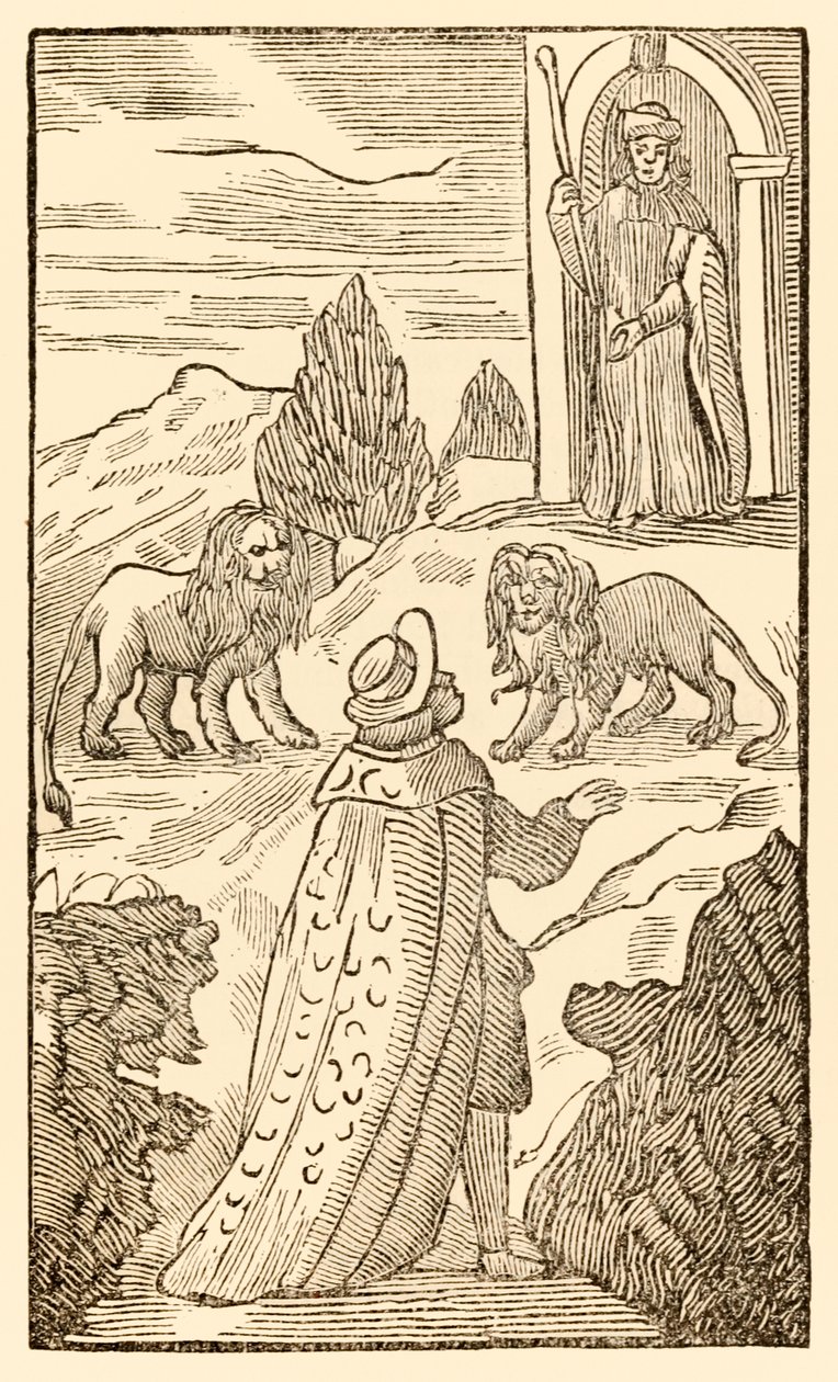 Vanskeligheden ligger bag, Frygt er før fra The Pilgrims Progress From This World, To That Who Is To Come af John Bunyan (1628-1688) Christian passerer mellem løverne, mens Vagtfuld portieren ser på af Unknown