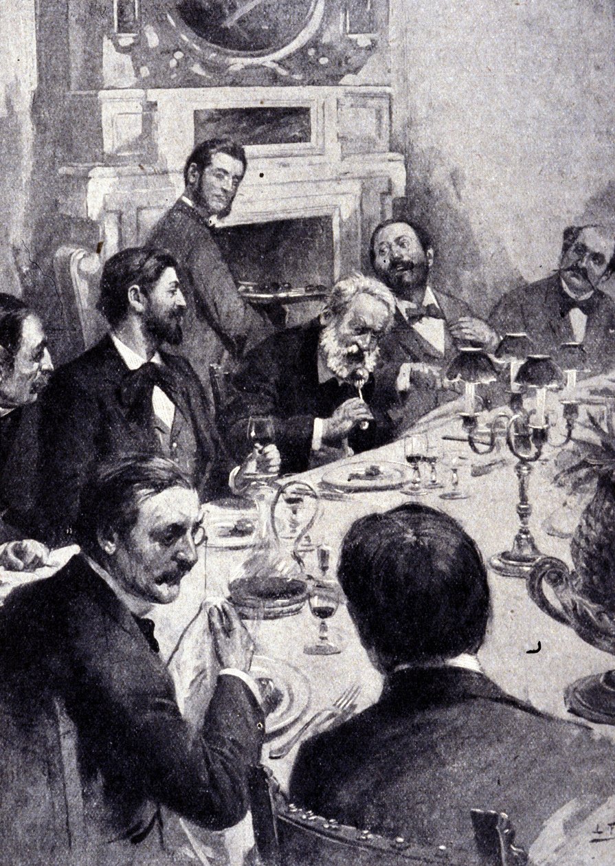 Spisning ved bordet af Victor Hugo med Jean Mounet Sully (Mounet-Sully) (1841 - 1916), fransk skuespiller. Indgravering af det 19. århundrede. af Unknown artist
