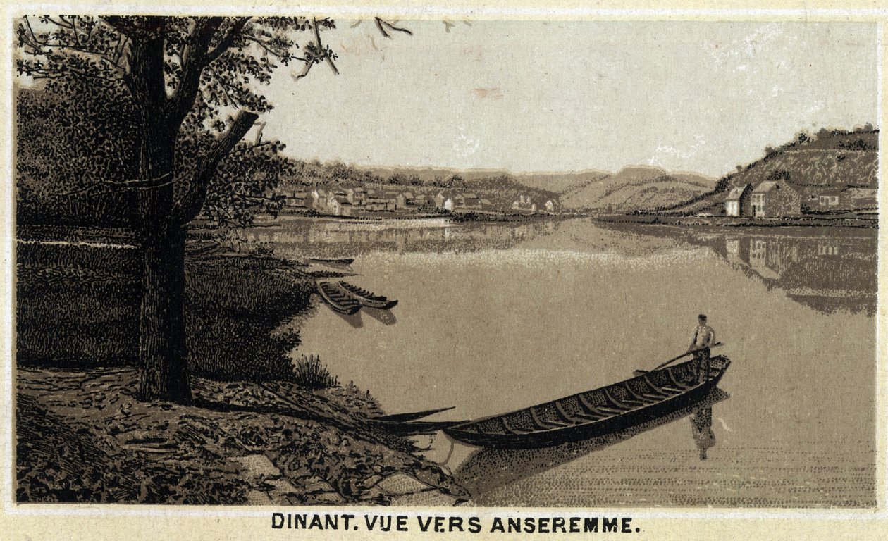 Aftensmad, udsigt mod Anseremme og floden Lesse, regionen Vallonien i Belgien. Kromolitografi i slutningen af det 19. århundrede. af Unknown artist