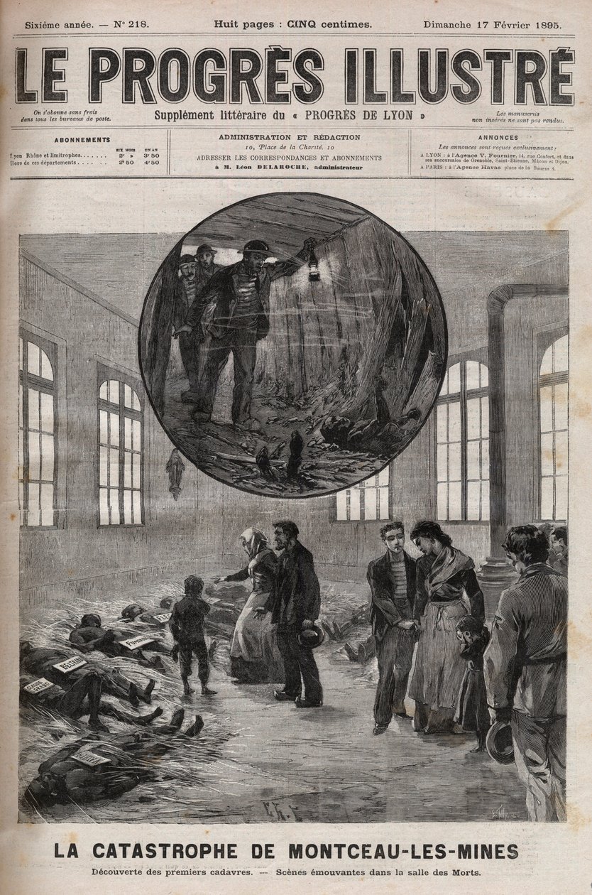 Katastrofe ved brønden Sainte Eugenie eller katastrofen i Montceau les Mines (Montceau-les-Mines) i Bourgogne i 1895 - indgravering i "Le Progres illustrious"" fra 1895 af Unknown artist