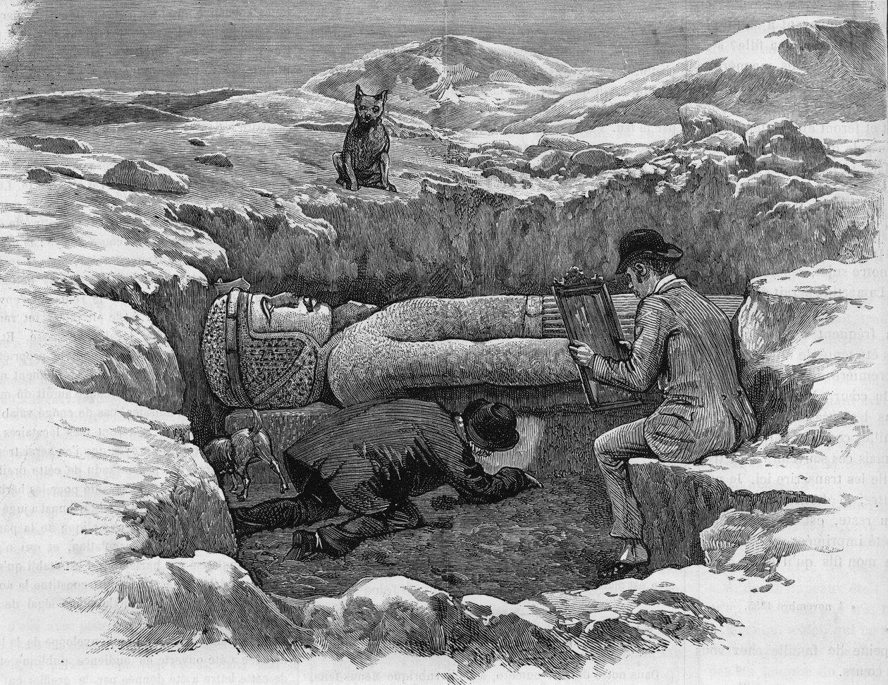 Opdagede den kolossale statue af Rhamses II. Hieroglyffer beregnes ved hjælp af en spejlrefleksion. Stik fra 1886. af Unknown artist