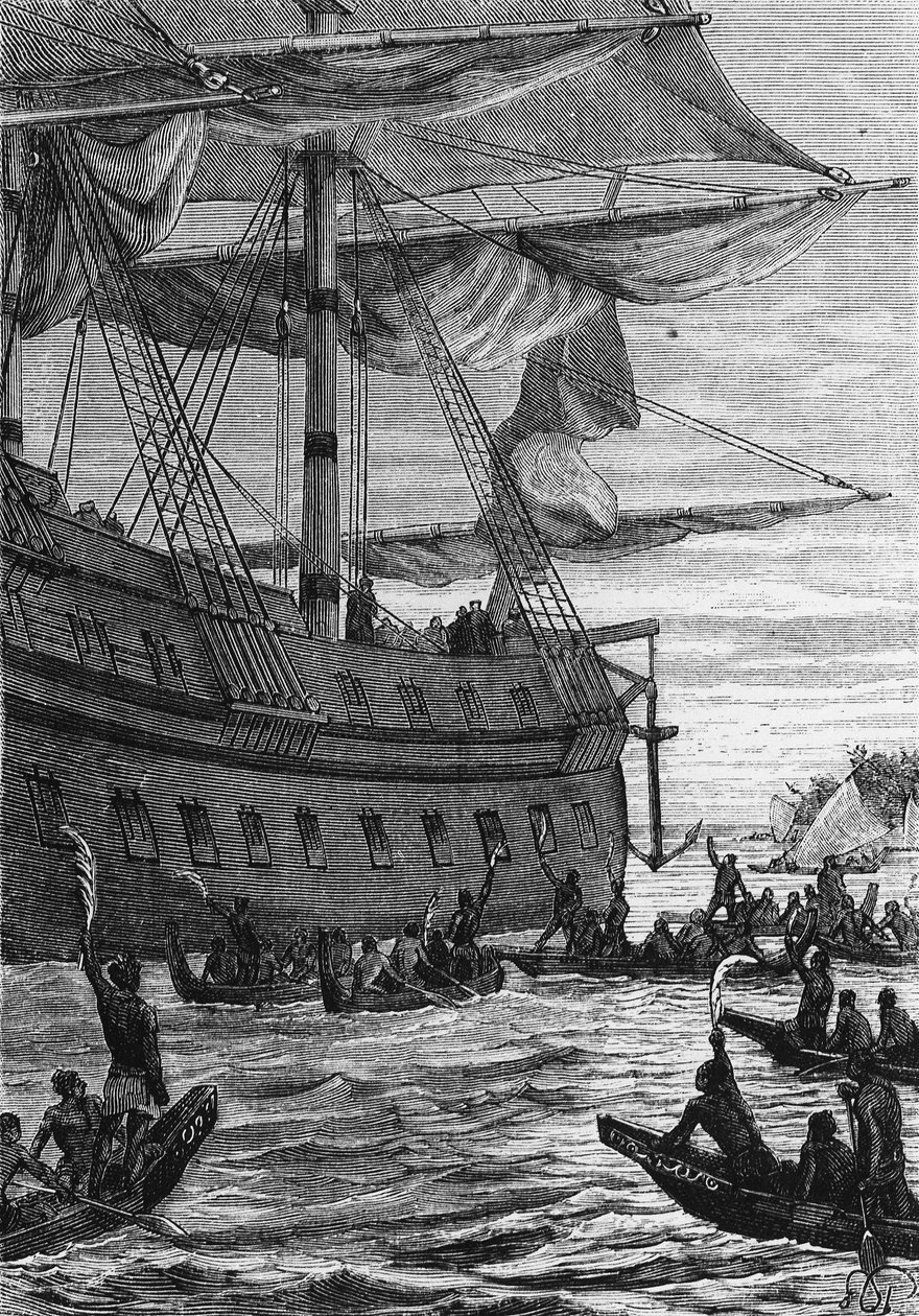 Discovery des Indes: Wallis rejse i Stillehavet; Indfødte mennesker skal møde Colonerne - i "" Les Voyageurs du 18eme et 19eme ecle", af Jules Verne, red. Hetzel et Cie, Paris. af Unknown artist