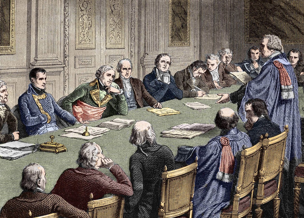 Diskussion af den civile lovbog i statsrådet (1800-1804), under præsidenten af den første konsul, Napoleon Bonaparte har sin venstre Jean Jacques Regis de Cambaceres. Indgravering af det 19. århundrede. af Unknown artist