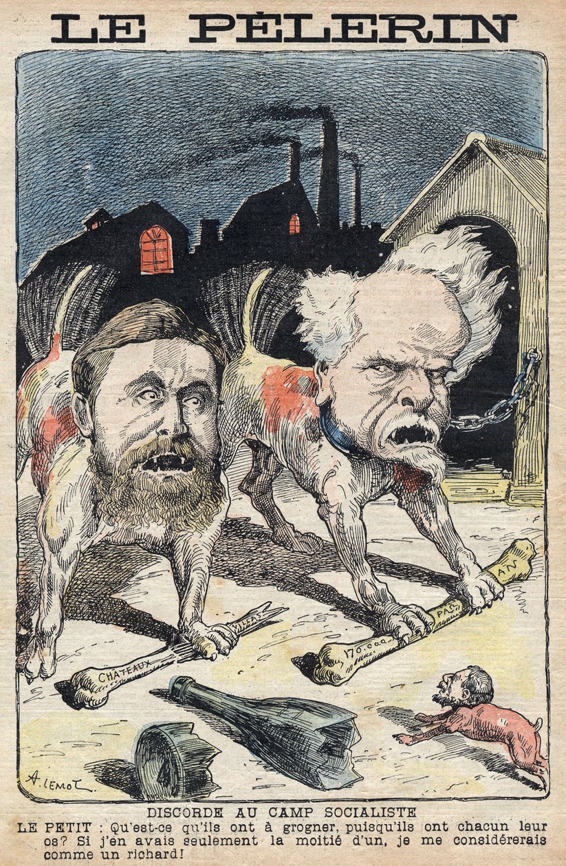 Stridigheder mellem socialisterne Jean Jaures (1859-1914) (til venstre) og Henri Rochefort (1831-1913) (til højre). Illustration i "" Le Pelerin"" af 19. juni 1898. af Unknown artist