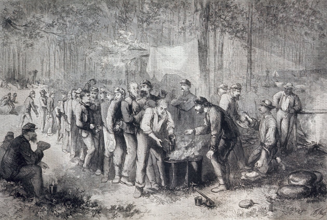 Uddeling af rationer til nordamerikansk militærenhed, USA, amerikansk borgerkrig, gravering af Unknown artist