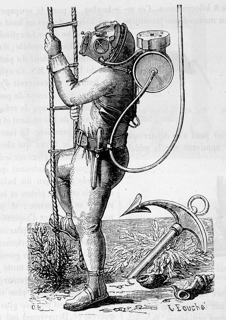 Dykker beklædt med gummibeklædning og regulatortank - i "" Videnskabens vidundere", af Louis Figuier af Unknown artist