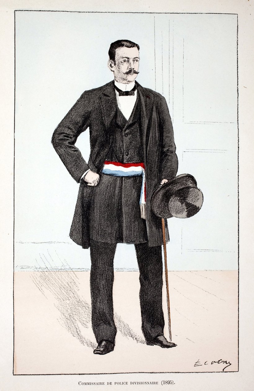 Delingspolitikommissær (1896). Radering i farver til illustration "" History of the Corps of Peacekeepers""" bog udgivet i regi af Louis Lepine (1846-1933), præfekt for politi på Seinen, af Alfred Rey (1864-?) og Louis Iron af Unknown artist