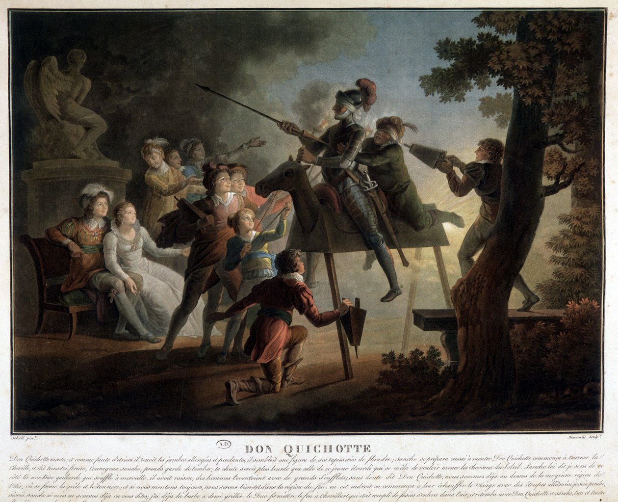 Don Quixote og Sancho på en træhest. af Unknown artist